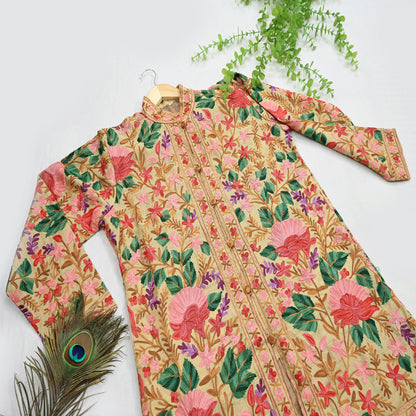 Indian Vintage Beige Embroidered Kashmiri Coat, Aari Embroidery, Raw Silk Coat, Boho Jacket For Both Women/Men Indian Coat