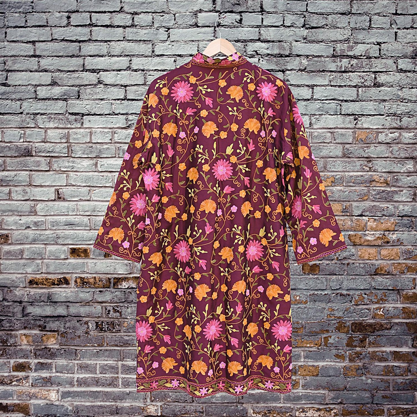 Indian Vintage Wine Embroidered Kashmiri Coat, Aari Embroidery, Raw Silk Coat, Boho Jacket For Both Women/Men Indian Coat