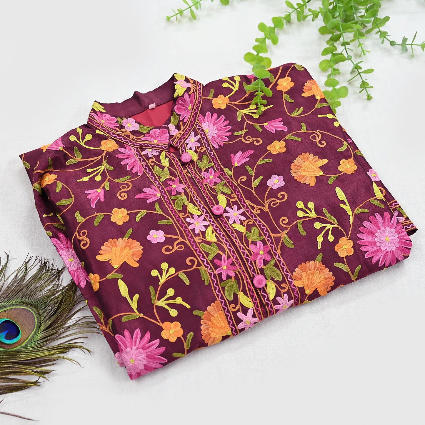 Indian Vintage Wine Embroidered Kashmiri Coat, Aari Embroidery, Raw Silk Coat, Boho Jacket For Both Women/Men Indian Coat