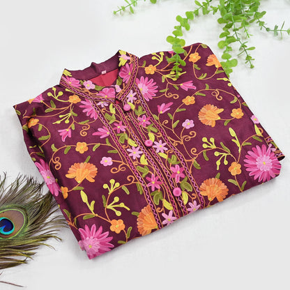 Indian Vintage Wine Embroidered Kashmiri Coat, Aari Embroidery, Raw Silk Coat, Boho Jacket For Both Women/Men Indian Coat