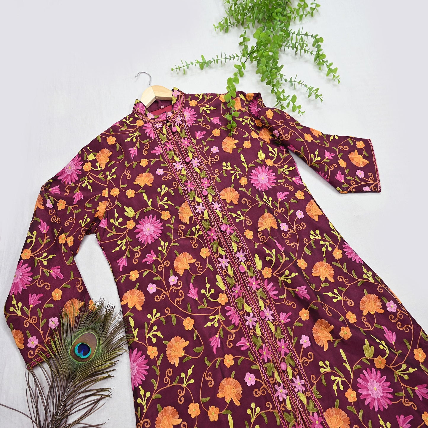 Indian Vintage Wine Embroidered Kashmiri Coat, Aari Embroidery, Raw Silk Coat, Boho Jacket For Both Women/Men Indian Coat