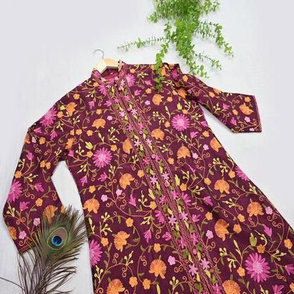 Indian Vintage Wine Embroidered Kashmiri Coat, Aari Embroidery, Raw Silk Coat, Boho Jacket For Both Women/Men Indian Coat