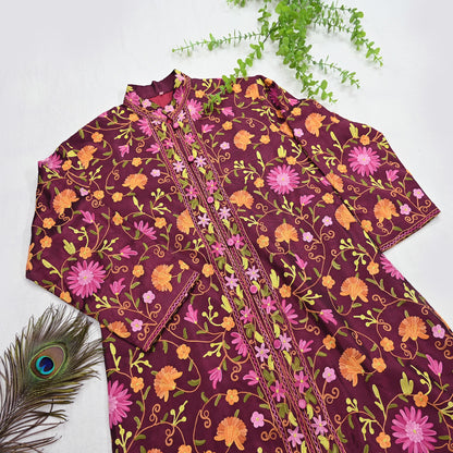 Indian Vintage Wine Embroidered Kashmiri Coat, Aari Embroidery, Raw Silk Coat, Boho Jacket For Both Women/Men Indian Coat
