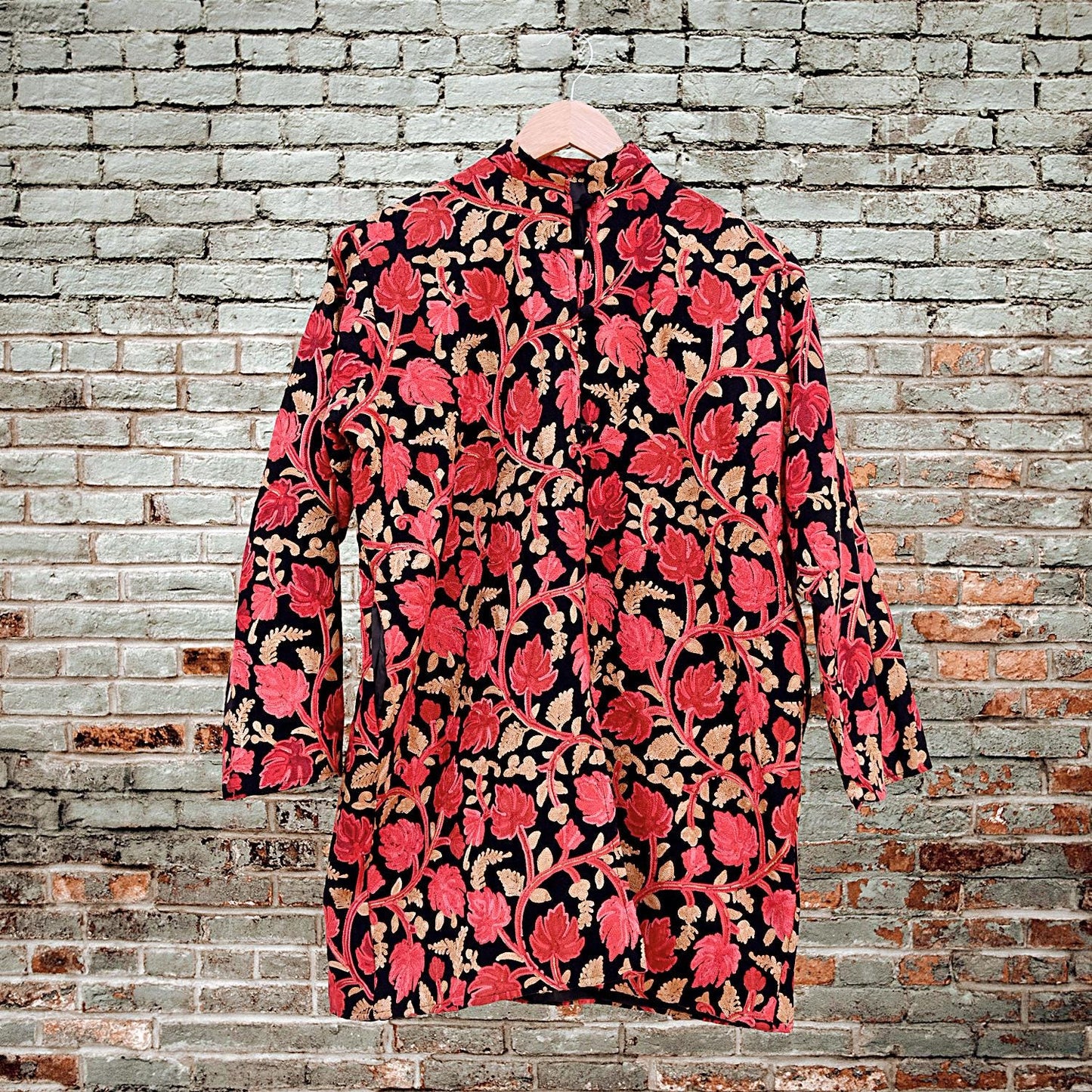 Indian Vintage Black Embroidered Kashmiri Coat, Aari Embroidery, Pure Woolen Coat, Boho Jacket For Both Women/Men Indian Coat