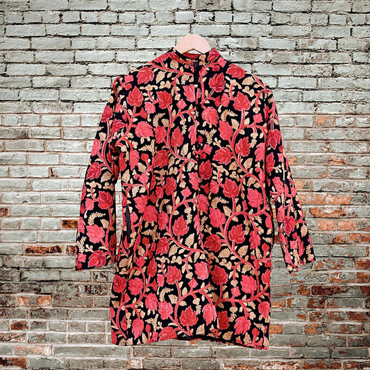 Indian Vintage Black Embroidered Kashmiri Coat, Aari Embroidery, Pure Woolen Coat, Boho Jacket For Both Women/Men Indian Coat