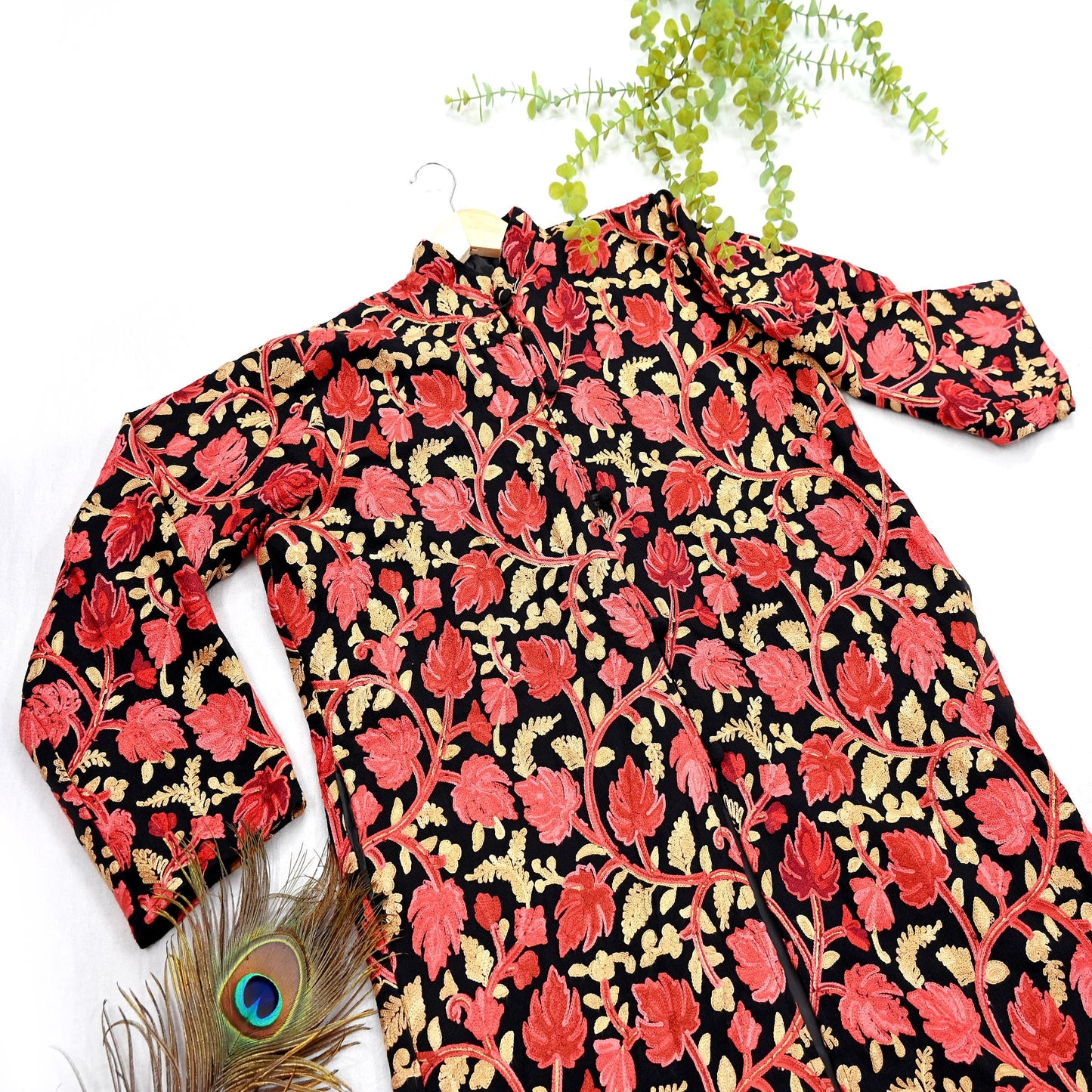 Indian Vintage Black Embroidered Kashmiri Coat, Aari Embroidery, Pure Woolen Coat, Boho Jacket For Both Women/Men Indian Coat