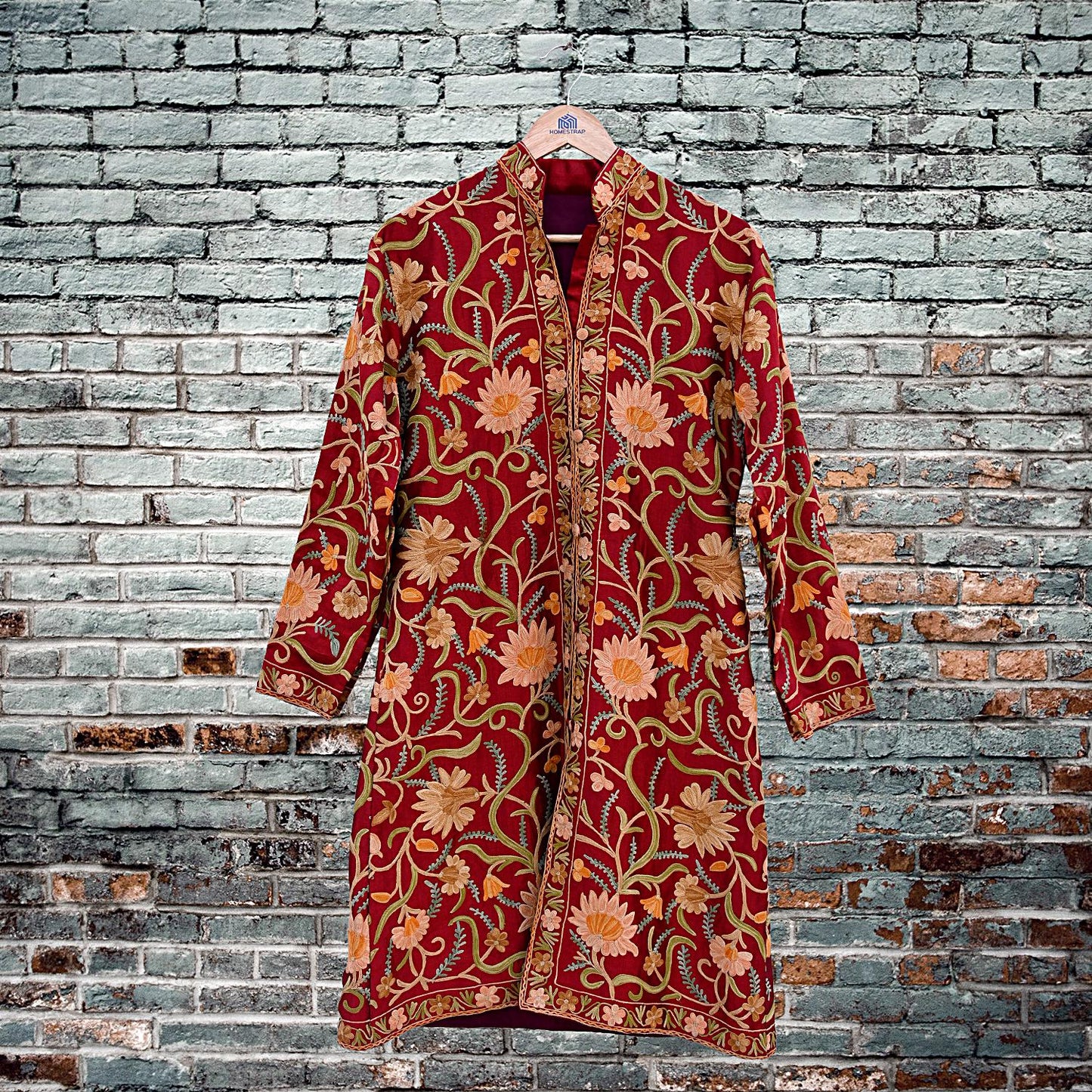 Indian Vintage Red Embroidered Kashmiri Coat, Aari Embroidery, Raw Silk Coat, Boho Jacket For Both Women/Men Indian Coat