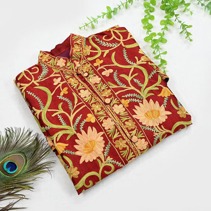 Indian Vintage Red Embroidered Kashmiri Coat, Aari Embroidery, Raw Silk Coat, Boho Jacket For Both Women/Men Indian Coat