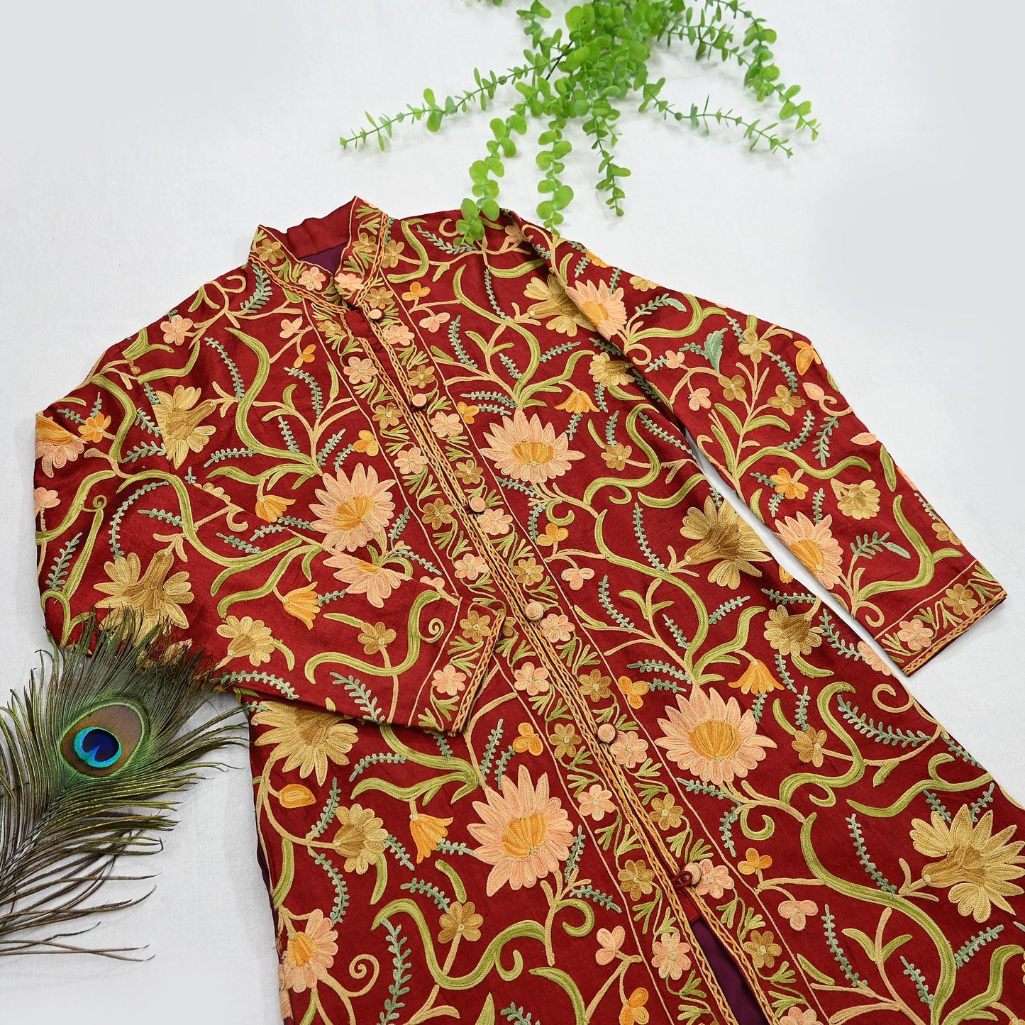 Indian Vintage Red Embroidered Kashmiri Coat, Aari Embroidery, Raw Silk Coat, Boho Jacket For Both Women/Men Indian Coat