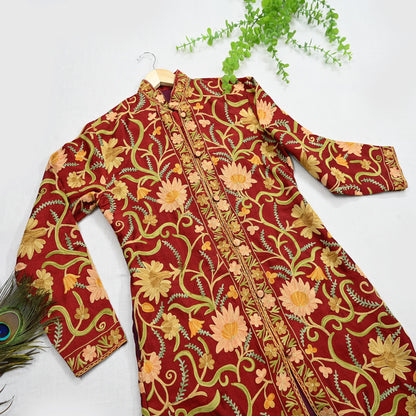 Indian Vintage Red Embroidered Kashmiri Coat, Aari Embroidery, Raw Silk Coat, Boho Jacket For Both Women/Men Indian Coat