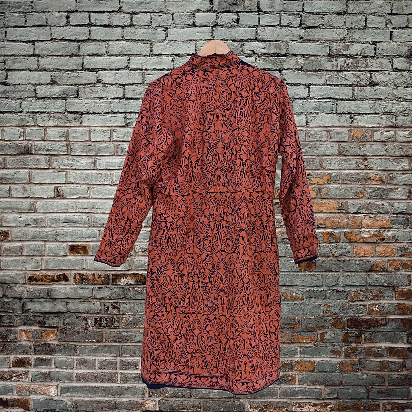 Indian Vintage Blue Embroidered Kashmiri Coat, Aari Embroidery, Pure Woolen Coat, Boho Jacket For Both Women/Men Indian Coat