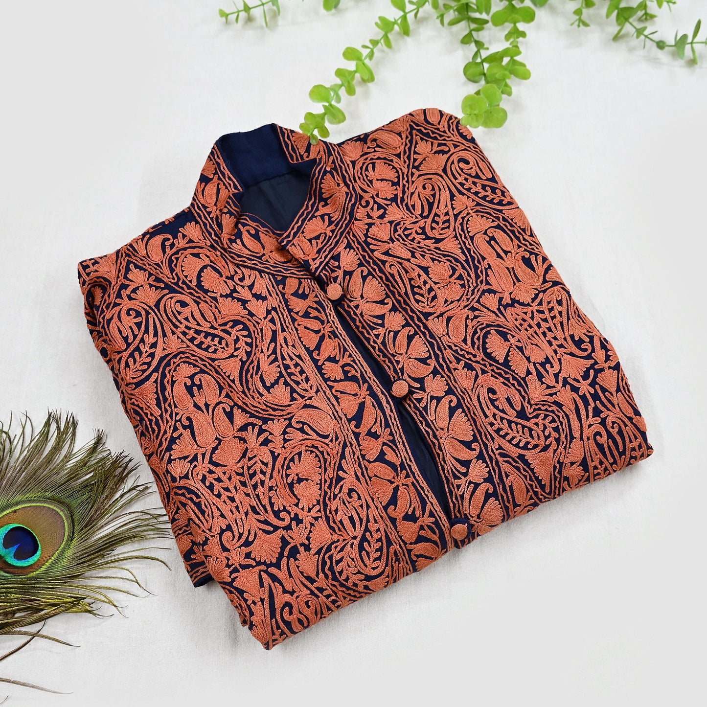 Indian Vintage Blue Embroidered Kashmiri Coat, Aari Embroidery, Pure Woolen Coat, Boho Jacket For Both Women/Men Indian Coat