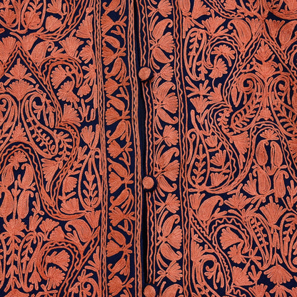 Indian Vintage Blue Embroidered Kashmiri Coat, Aari Embroidery, Pure Woolen Coat, Boho Jacket For Both Women/Men Indian Coat