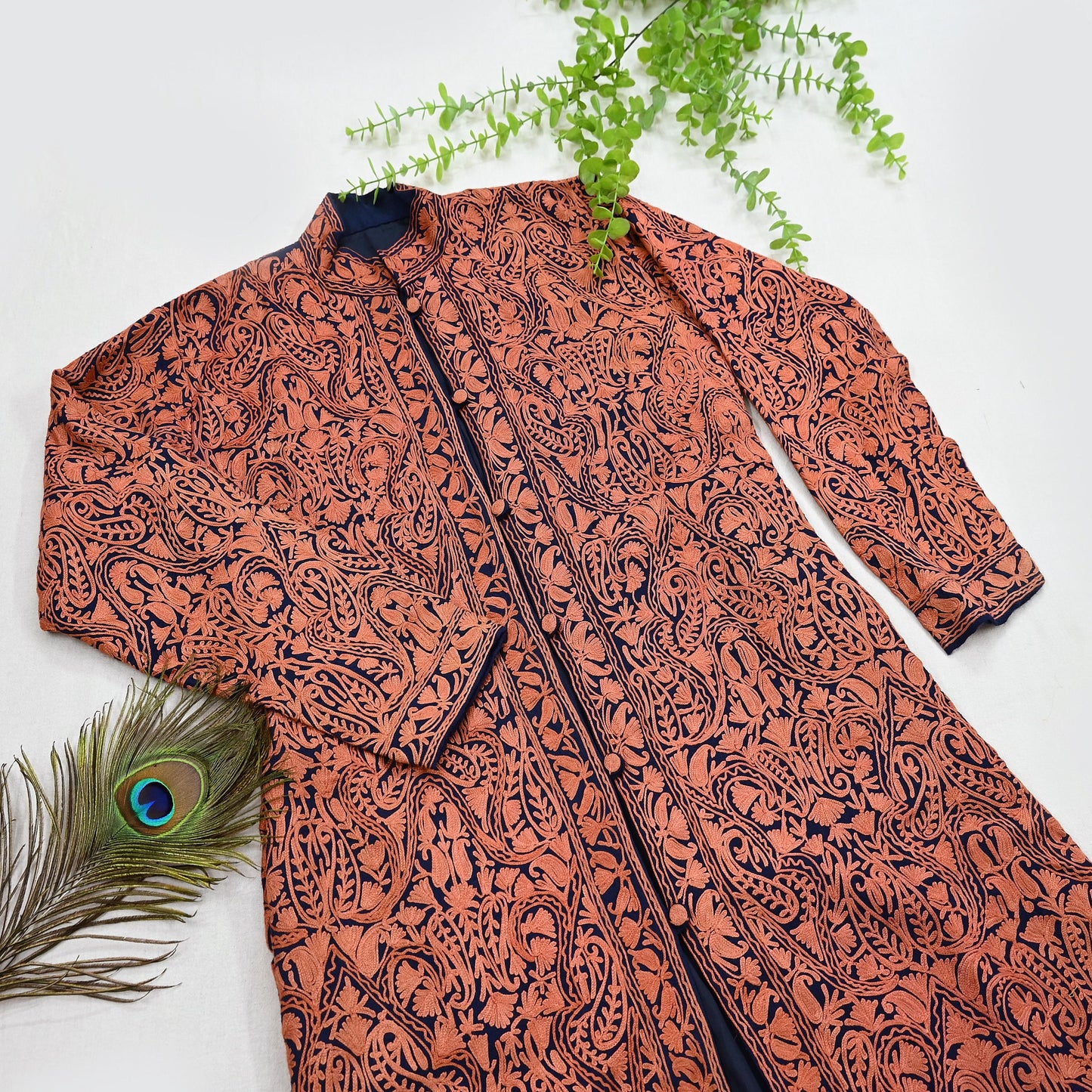 Indian Vintage Blue Embroidered Kashmiri Coat, Aari Embroidery, Pure Woolen Coat, Boho Jacket For Both Women/Men Indian Coat