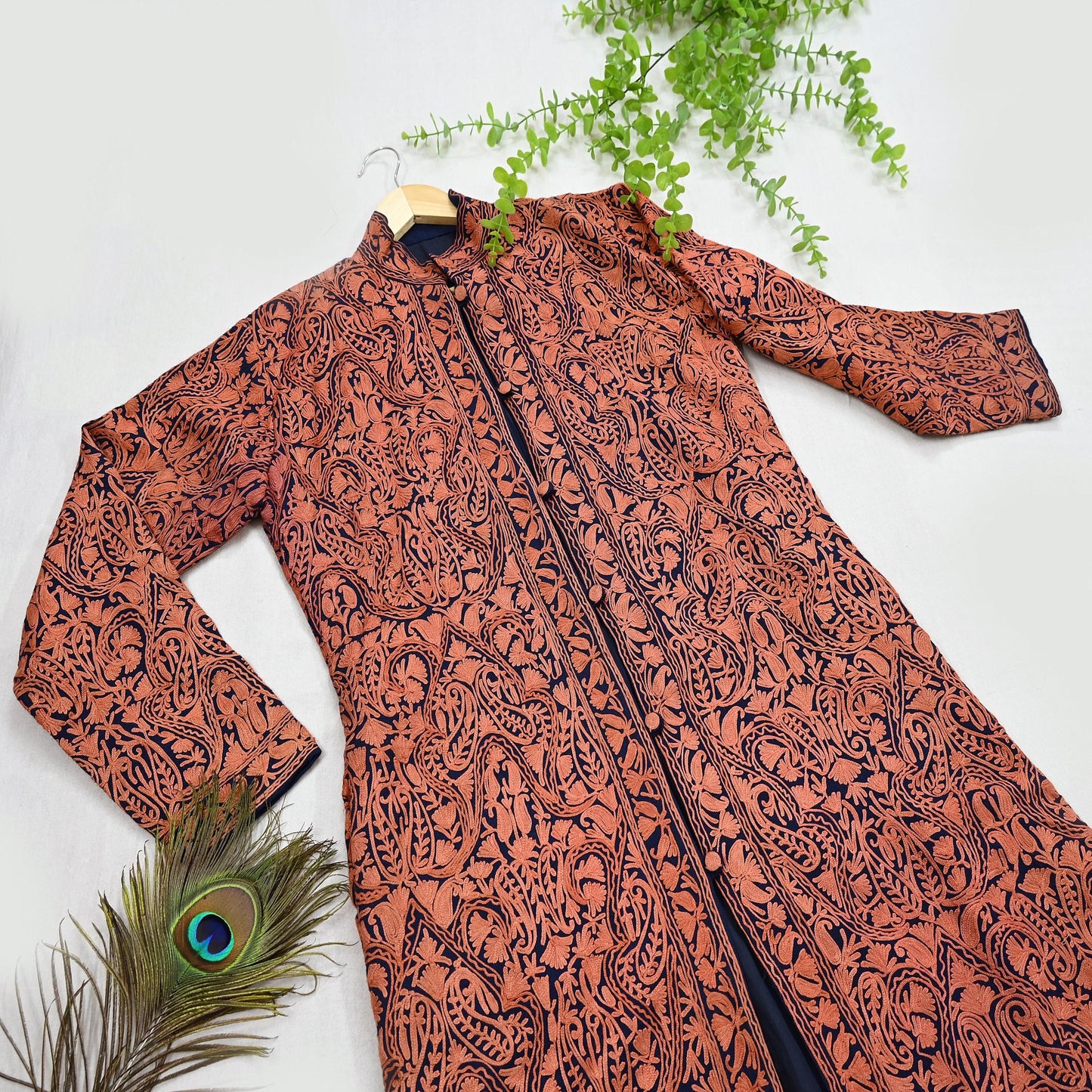 Indian Vintage Blue Embroidered Kashmiri Coat, Aari Embroidery, Pure Woolen Coat, Boho Jacket For Both Women/Men Indian Coat