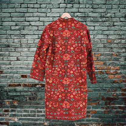 Indian Vintage Red Embroidered Kashmiri Coat, Aari Embroidery, Raw Silk Coat, Boho Jacket For Both Women/Men Indian Coat