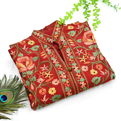 Indian Vintage Red Embroidered Kashmiri Coat, Aari Embroidery, Raw Silk Coat, Boho Jacket For Both Women/Men Indian Coat