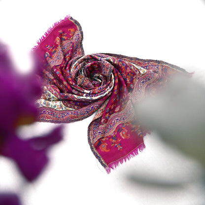 Indian Vintage Ivory & Purple Pure Woolen Shawl Handmade Woven Jamawar Work Long Throw Stole Warm Paisley Design Soft