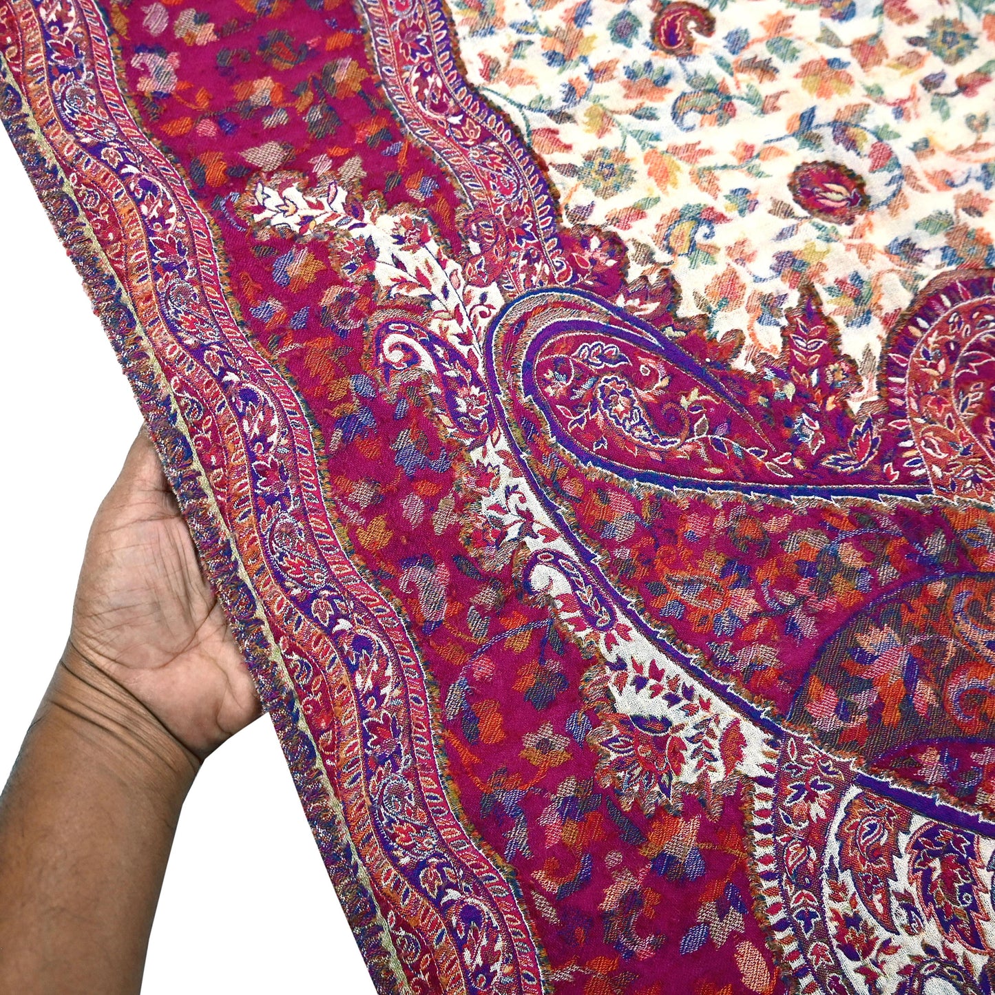 Indian Vintage Ivory & Purple Pure Woolen Shawl Handmade Woven Jamawar Work Long Throw Stole Warm Paisley Design Soft