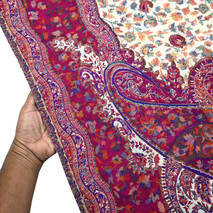 Indian Vintage Ivory & Purple Pure Woolen Shawl Handmade Woven Jamawar Work Long Throw Stole Warm Paisley Design Soft
