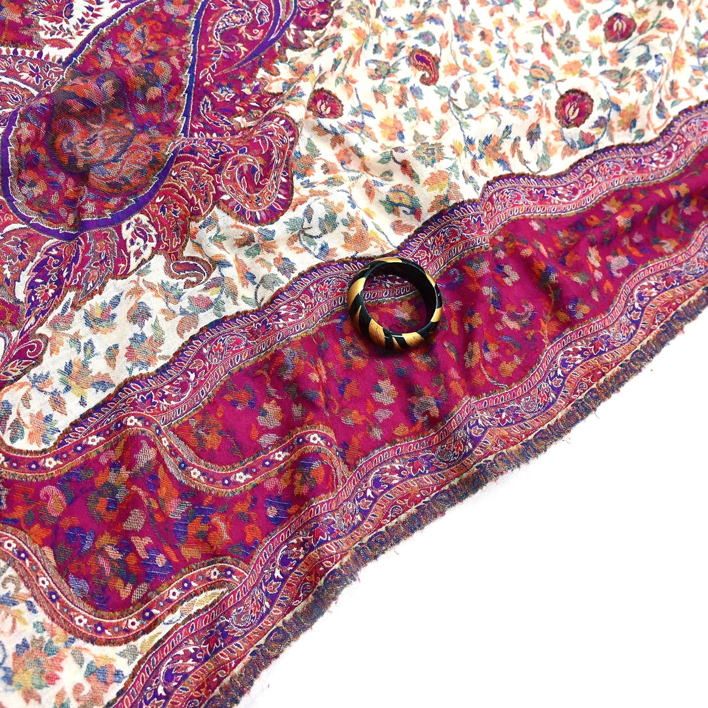 Indian Vintage Ivory & Purple Pure Woolen Shawl Handmade Woven Jamawar Work Long Throw Stole Warm Paisley Design Soft