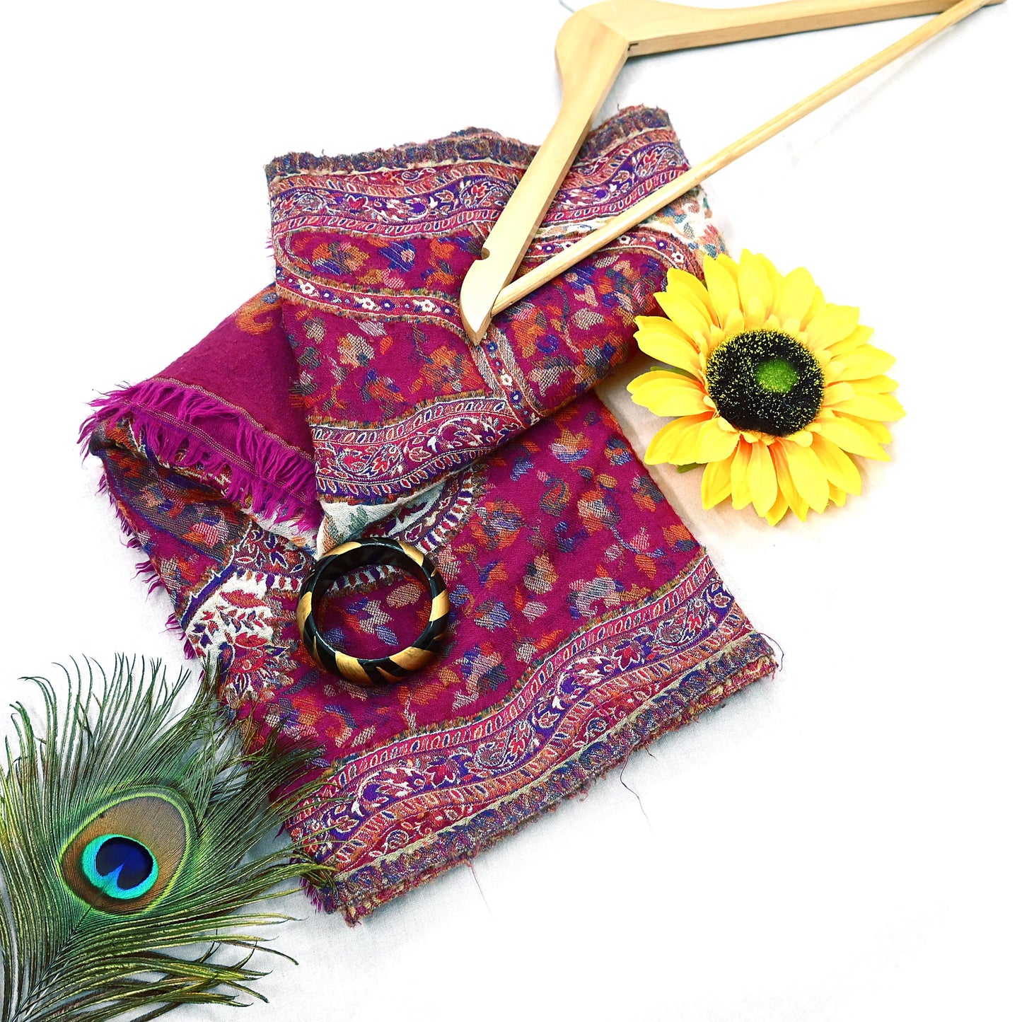 Indian Vintage Ivory & Purple Pure Woolen Shawl Handmade Woven Jamawar Work Long Throw Stole Warm Paisley Design Soft