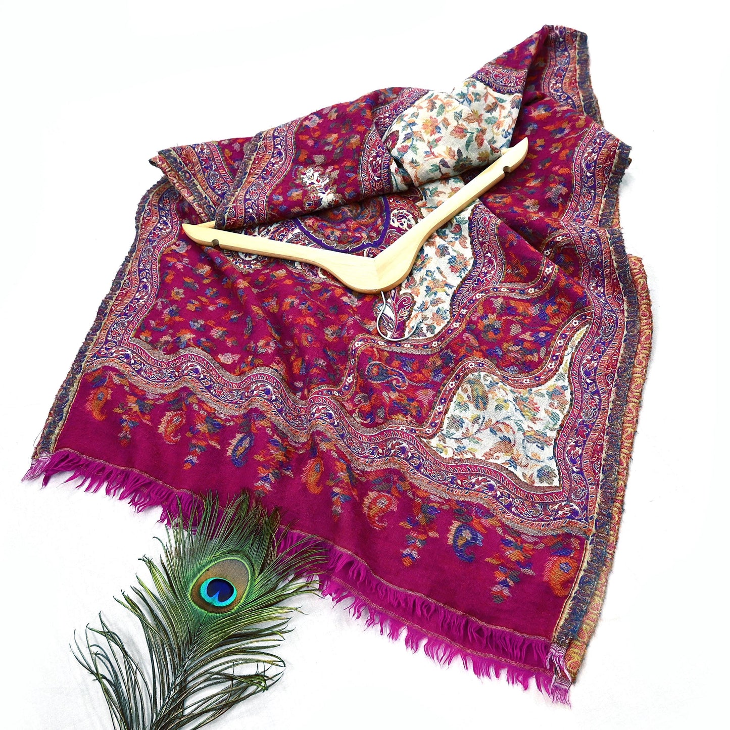 Indian Vintage Ivory & Purple Pure Woolen Shawl Handmade Woven Jamawar Work Long Throw Stole Warm Paisley Design Soft