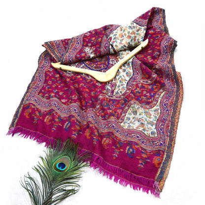 Indian Vintage Ivory & Purple Pure Woolen Shawl Handmade Woven Jamawar Work Long Throw Stole Warm Paisley Design Soft
