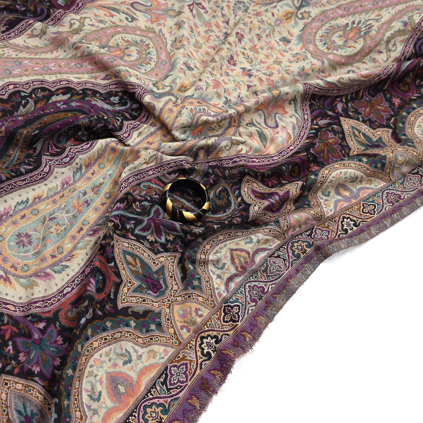 Vintage Stole Black & Beige woolen Handmade Jamawar work Long Throw Warm Stole Paisley Design Fringes