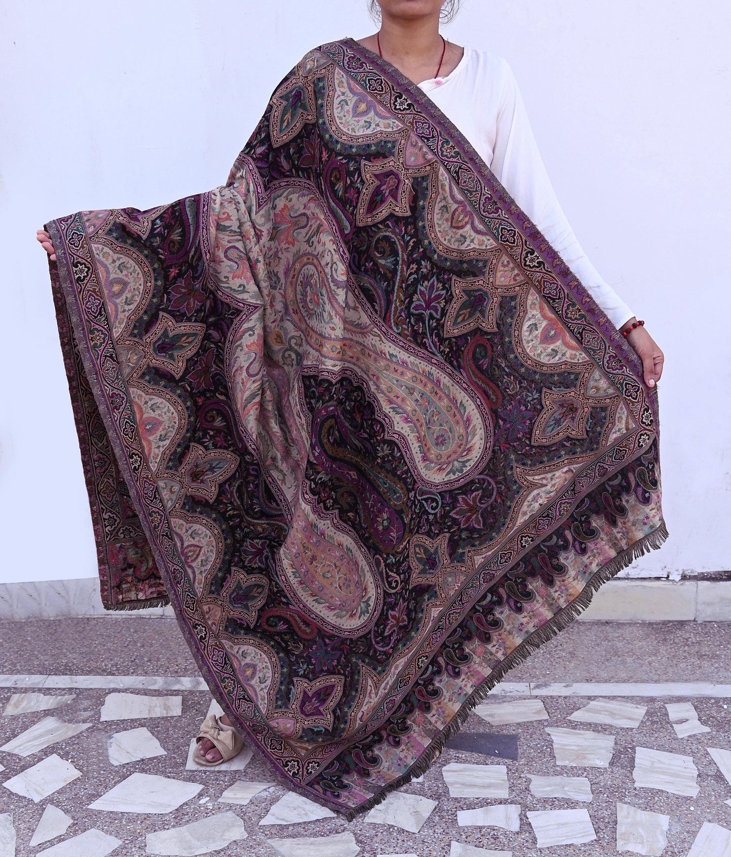 Vintage Stole Black & Beige woolen Handmade Jamawar work Long Throw Warm Stole Paisley Design Fringes