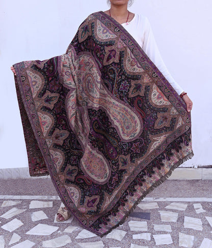 Vintage Stole Black & Beige woolen Handmade Jamawar work Long Throw Warm Stole Paisley Design Fringes