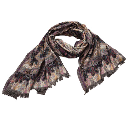 Vintage Stole Black & Beige woolen Handmade Jamawar work Long Throw Warm Stole Paisley Design Fringes