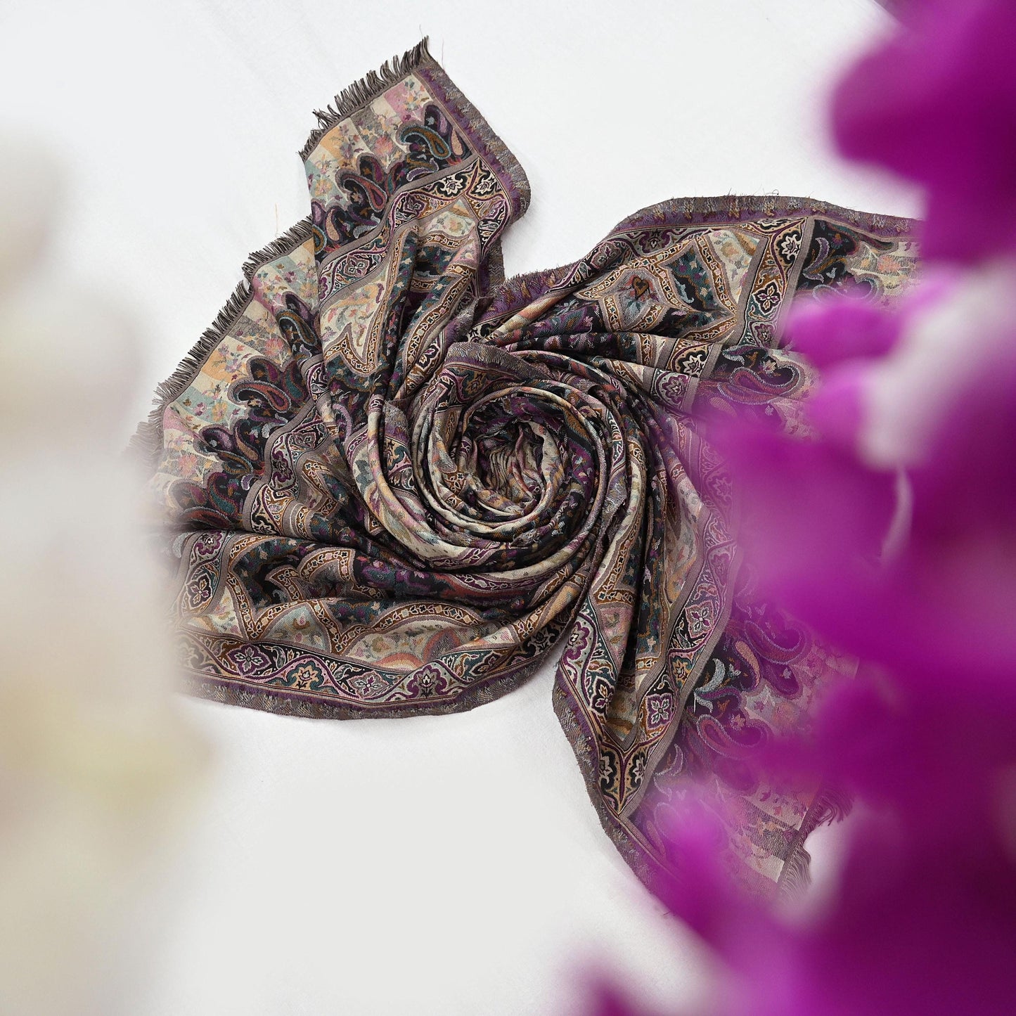 Vintage Stole Black & Beige woolen Handmade Jamawar work Long Throw Warm Stole Paisley Design Fringes