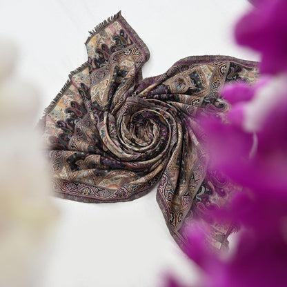 Vintage Stole Black & Beige woolen Handmade Jamawar work Long Throw Warm Stole Paisley Design Fringes