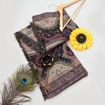 Vintage Stole Black & Beige woolen Handmade Jamawar work Long Throw Warm Stole Paisley Design Fringes