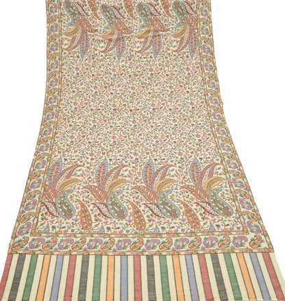 Vintage Stole Ivory woolen Handmade Jamawar work Long Throw Warm Stole Paisley Design Fringes