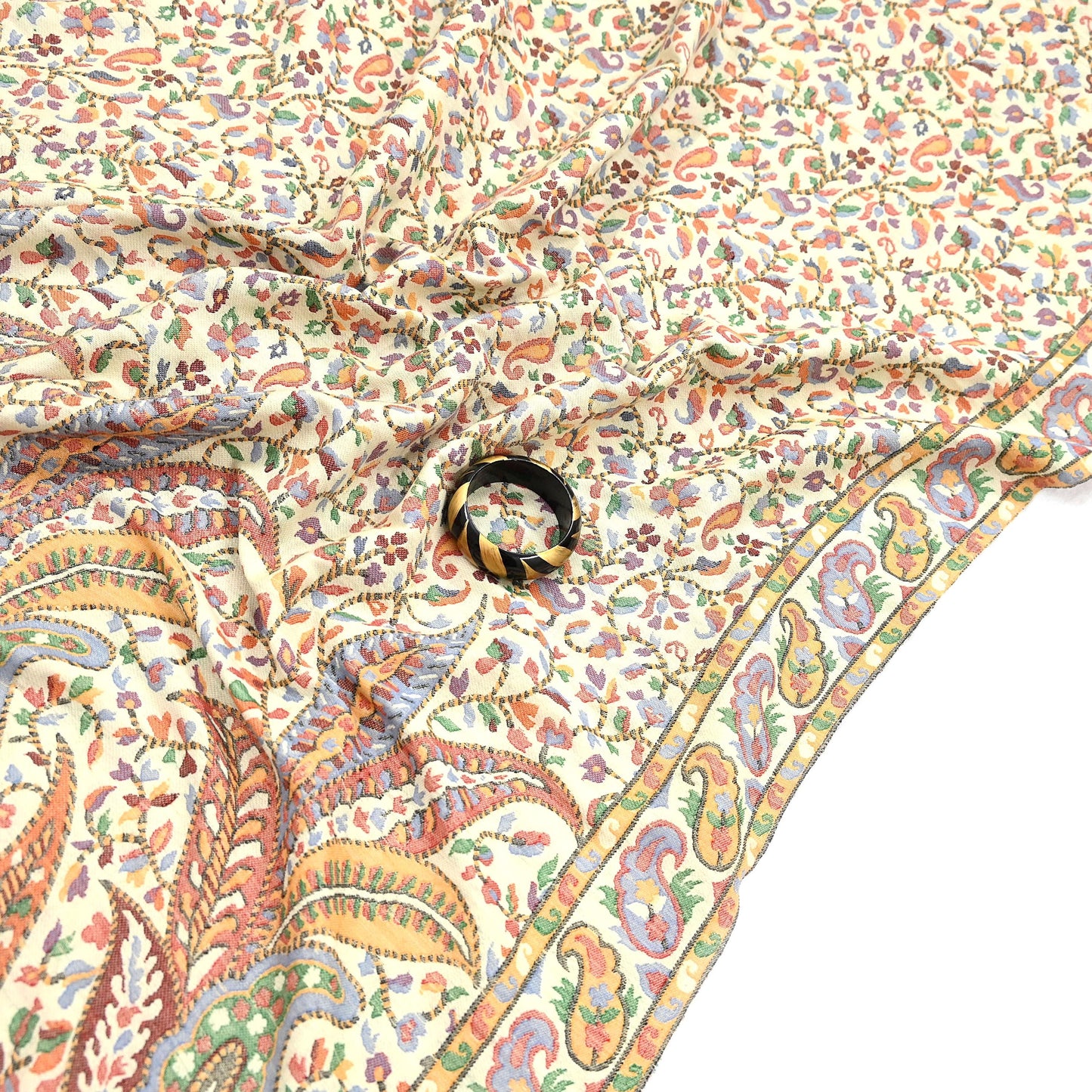 Vintage Stole Ivory woolen Handmade Jamawar work Long Throw Warm Stole Paisley Design Fringes