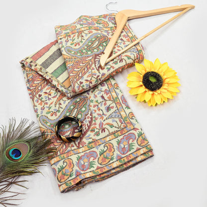 Vintage Stole Ivory woolen Handmade Jamawar work Long Throw Warm Stole Paisley Design Fringes