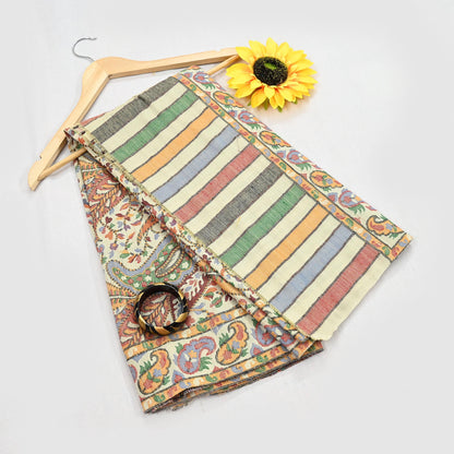 Vintage Stole Ivory woolen Handmade Jamawar work Long Throw Warm Stole Paisley Design Fringes