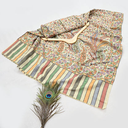 Vintage Stole Ivory woolen Handmade Jamawar work Long Throw Warm Stole Paisley Design Fringes