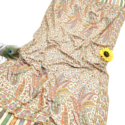 Vintage Stole Ivory woolen Handmade Jamawar work Long Throw Warm Stole Paisley Design Fringes