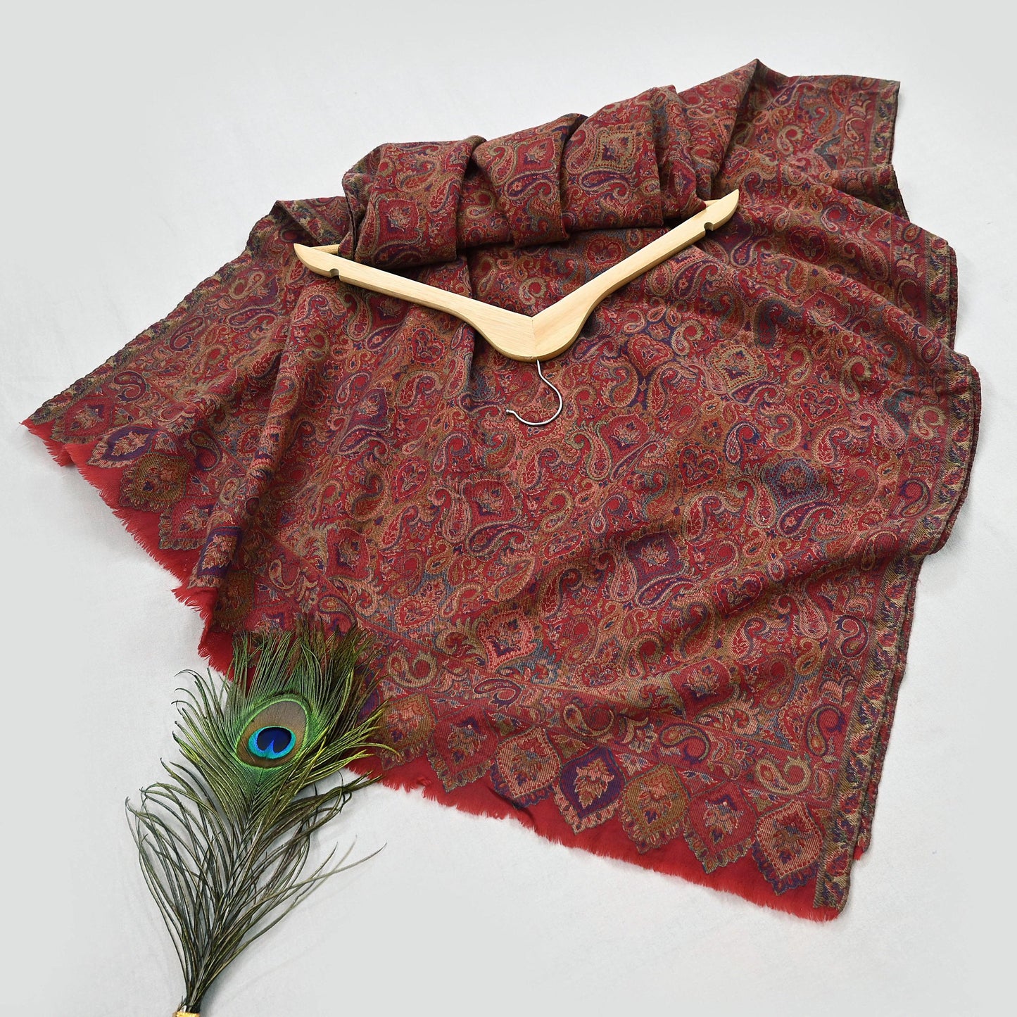 Indian Vintage Red Pure Woolen Shawl Handmade Woven Jamawar Work Long Throw Stole Warm Paisley Design Soft