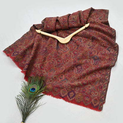 Indian Vintage Red Pure Woolen Shawl Handmade Woven Jamawar Work Long Throw Stole Warm Paisley Design Soft