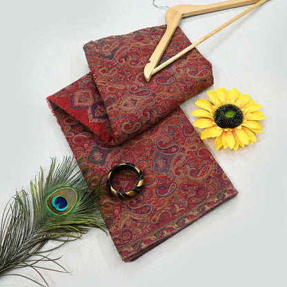 Indian Vintage Red Pure Woolen Shawl Handmade Woven Jamawar Work Long Throw Stole Warm Paisley Design Soft