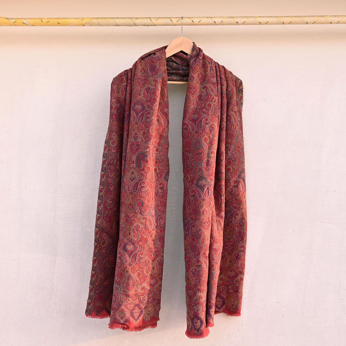 Indian Vintage Red Pure Woolen Shawl Handmade Woven Jamawar Work Long Throw Stole Warm Paisley Design Soft