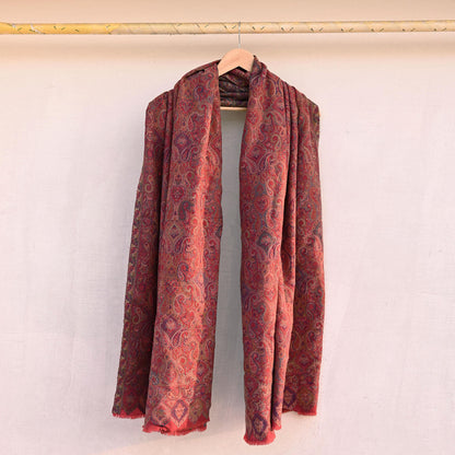 Indian Vintage Red Pure Woolen Shawl Handmade Woven Jamawar Work Long Throw Stole Warm Paisley Design Soft