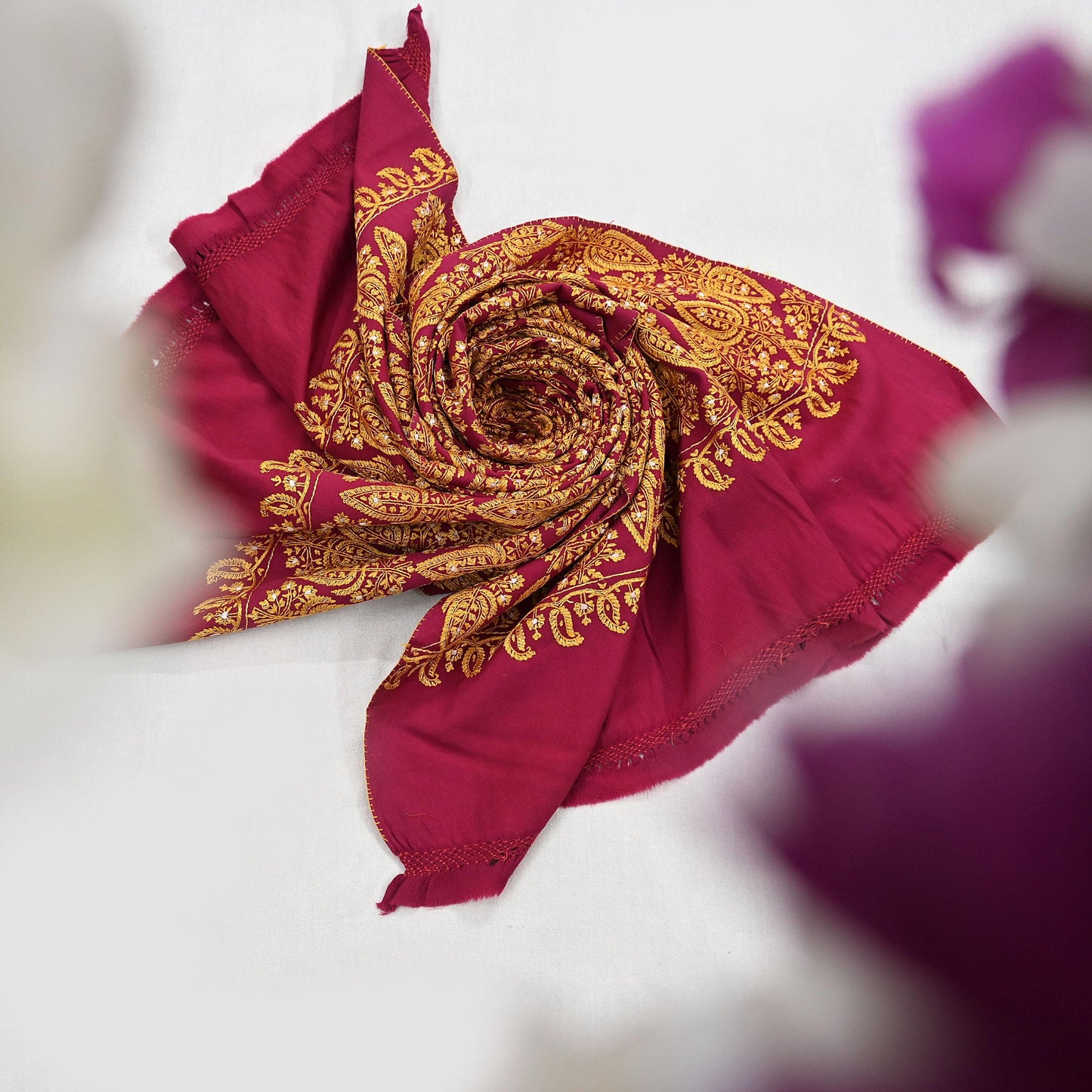 Vintage Maroon Pure Woolen Shawl Hand Embroidered Long Throw Stole Warm Stole Floral Design