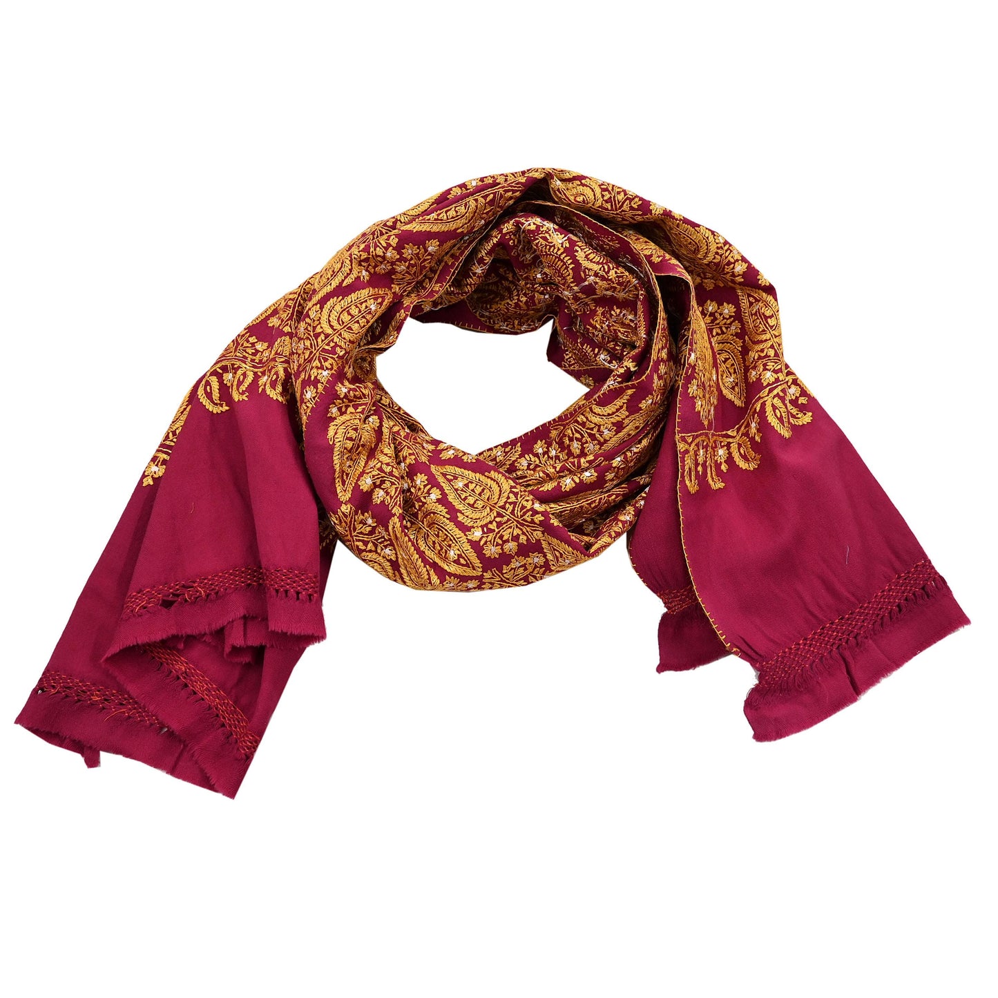 Vintage Maroon Pure Woolen Shawl Hand Embroidered Long Throw Stole Warm Stole Floral Design