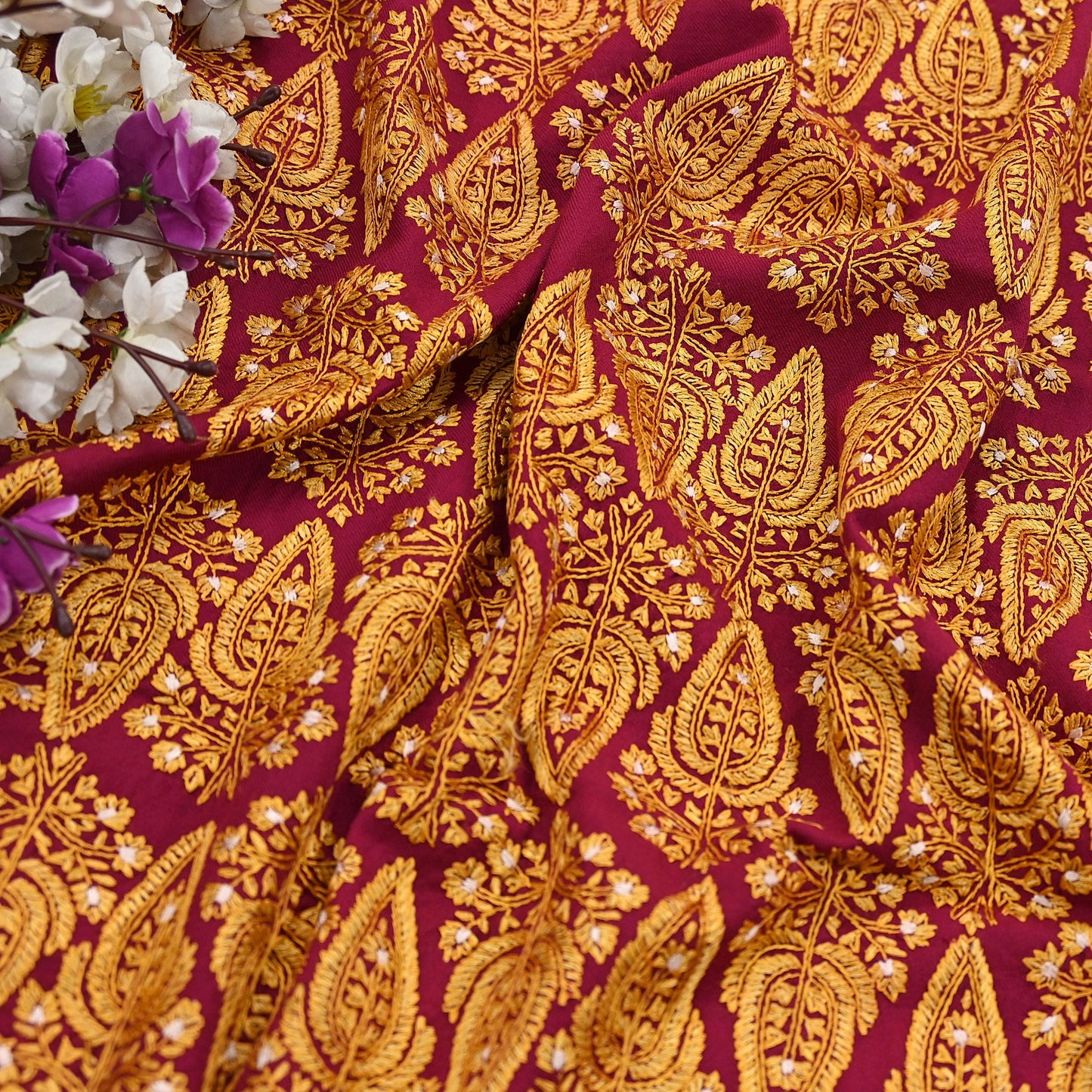 Vintage Maroon Pure Woolen Shawl Hand Embroidered Long Throw Stole Warm Stole Floral Design