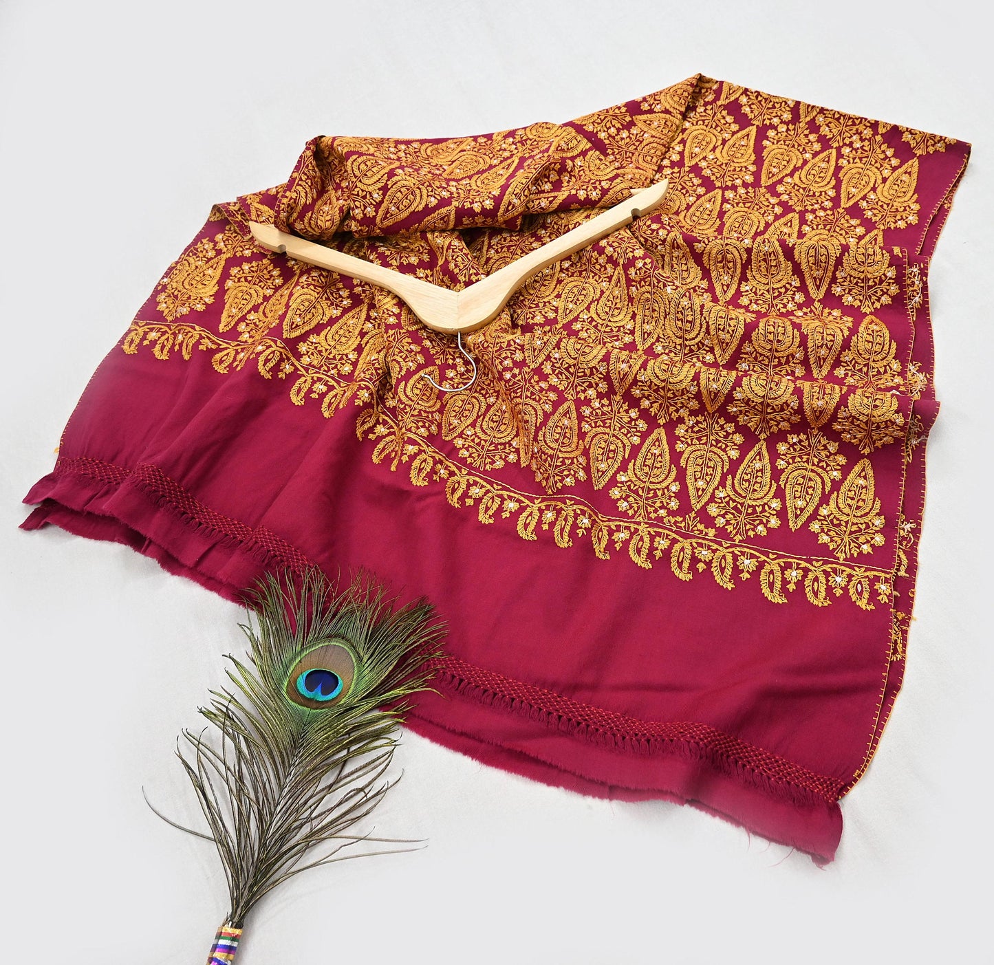 Vintage Maroon Pure Woolen Shawl Hand Embroidered Long Throw Stole Warm Stole Floral Design